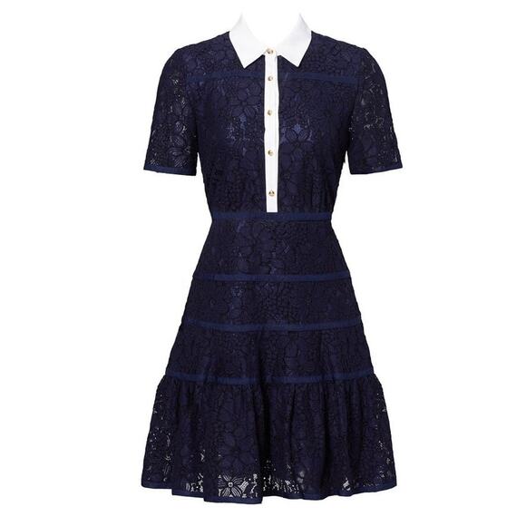 Draper James Meadow Lace Dress Navy Lace Collared Fit Flare Knee Length Size 6 - Picture 2 of 13